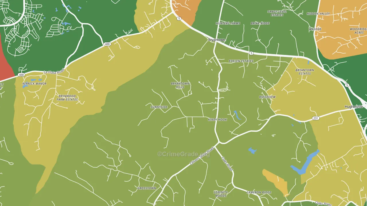 Bryantown, MD Map of Robbery Rates