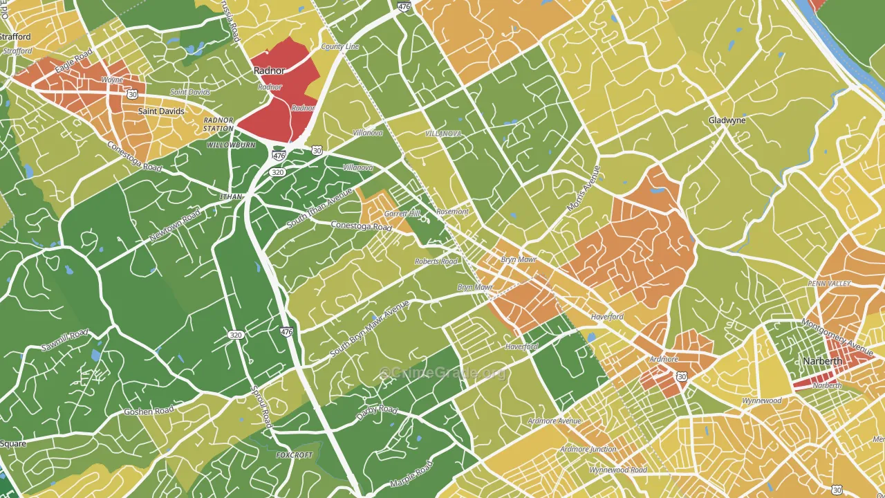 Bryn Mawr, PA Map of Robbery Rates