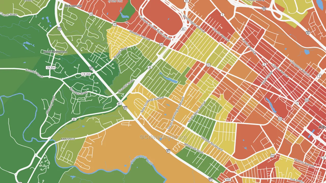 Buckingham Lake-Crestwood, Albany, NY Map of Robbery Rates