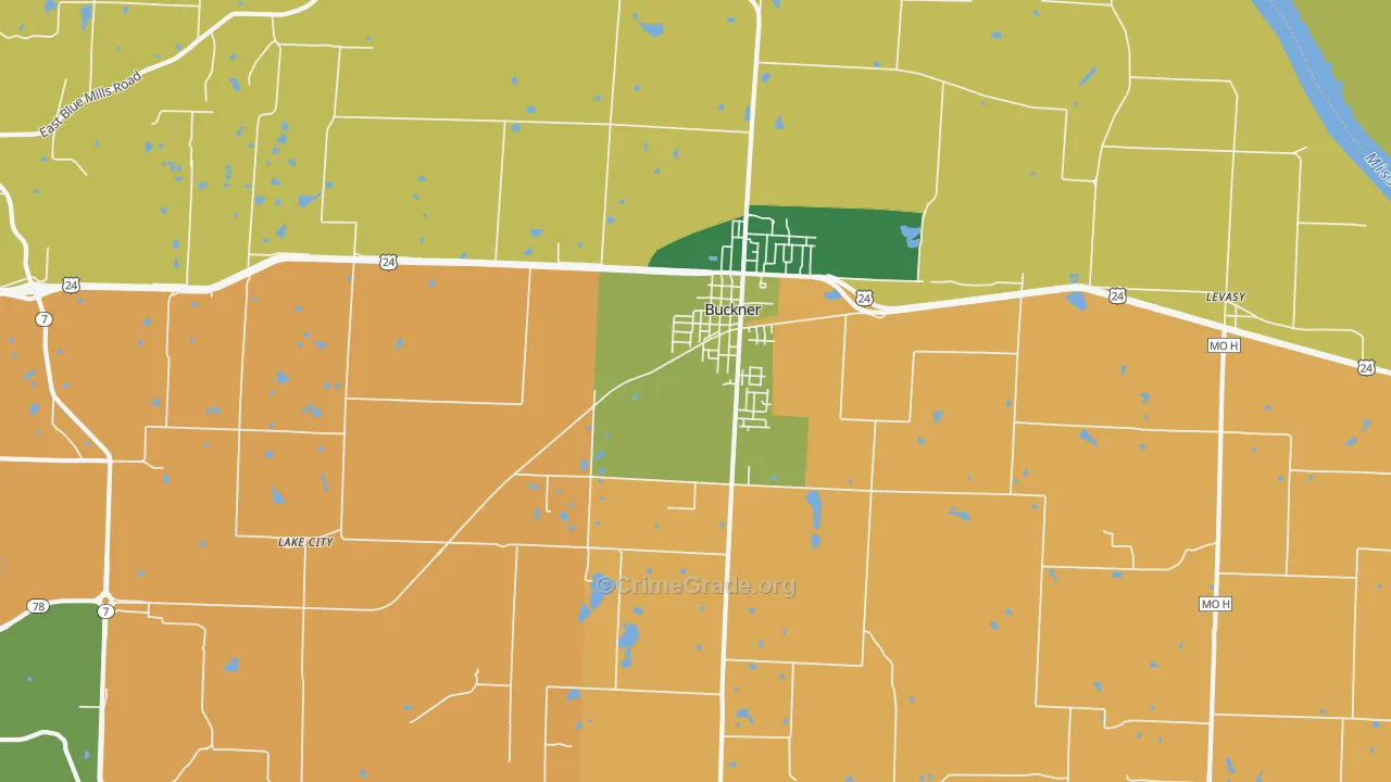 Buckner, MO Map of Robbery Rates
