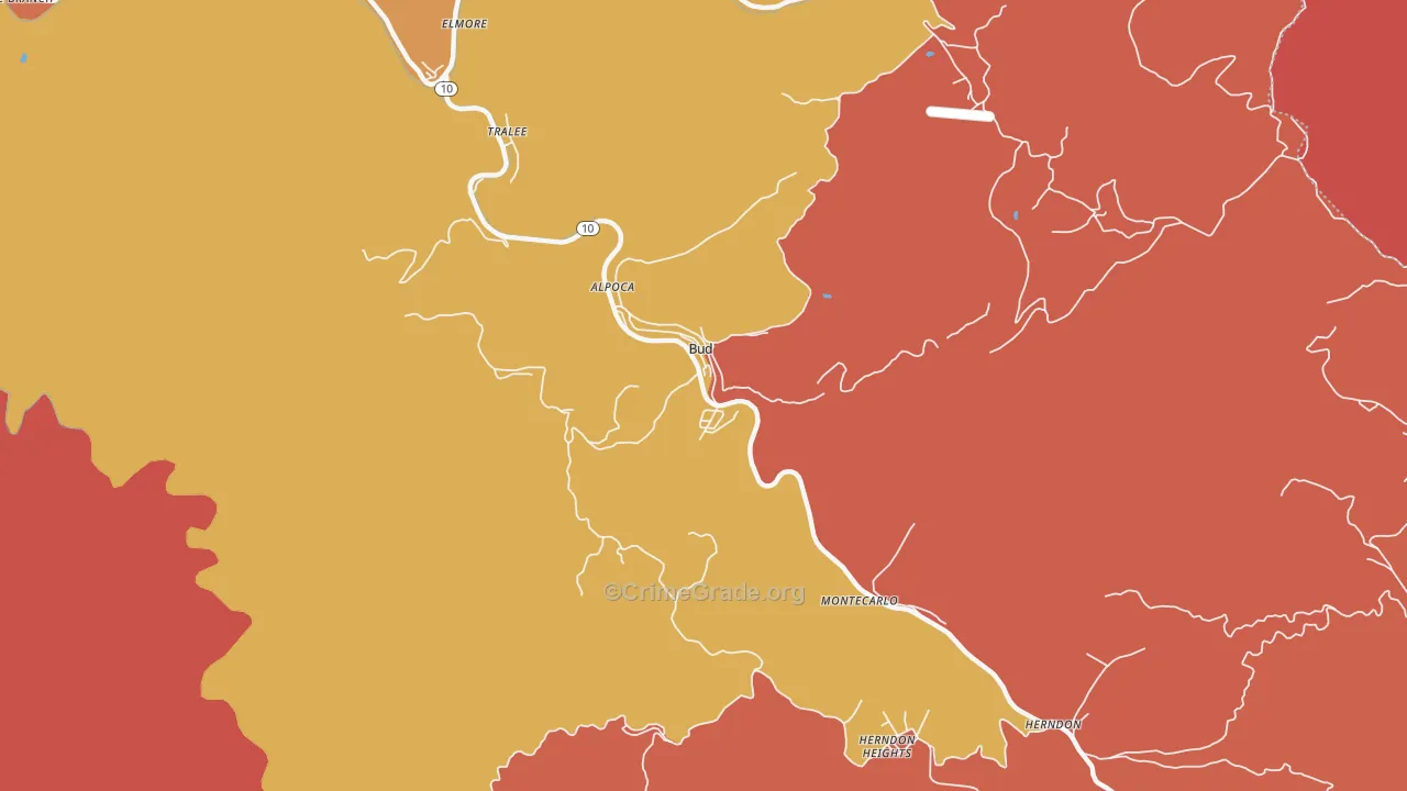 Bud, WV Map of Robbery Rates