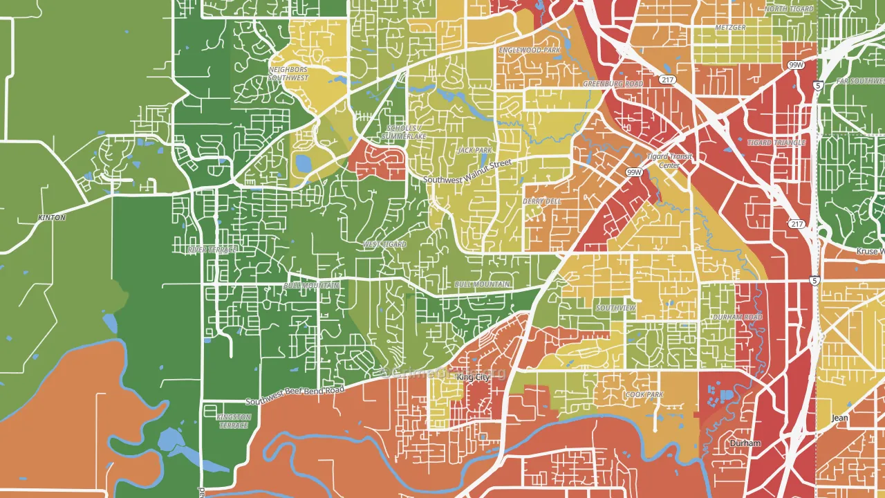 Bull Mountain, Tigard, OR Map of Robbery Rates