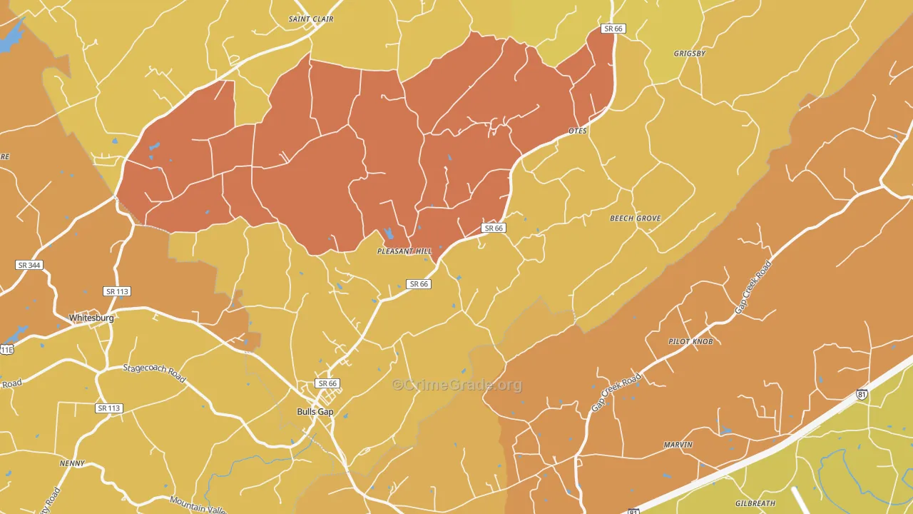 Bulls Gap, TN Map of Robbery Rates