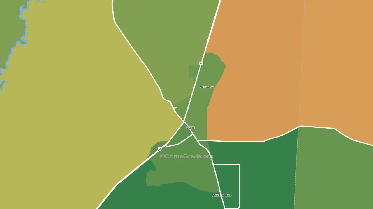 Buna, TX Map of Robbery Rates