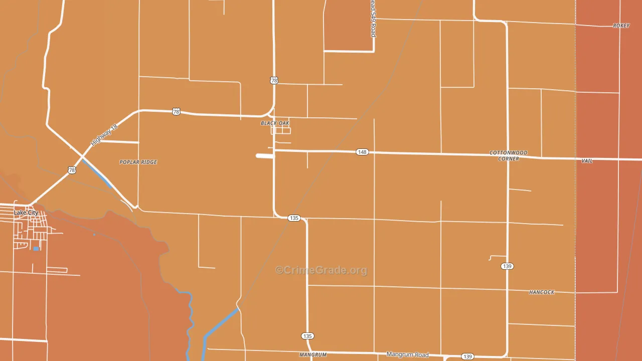 Bunney, AR Map of Robbery Rates
