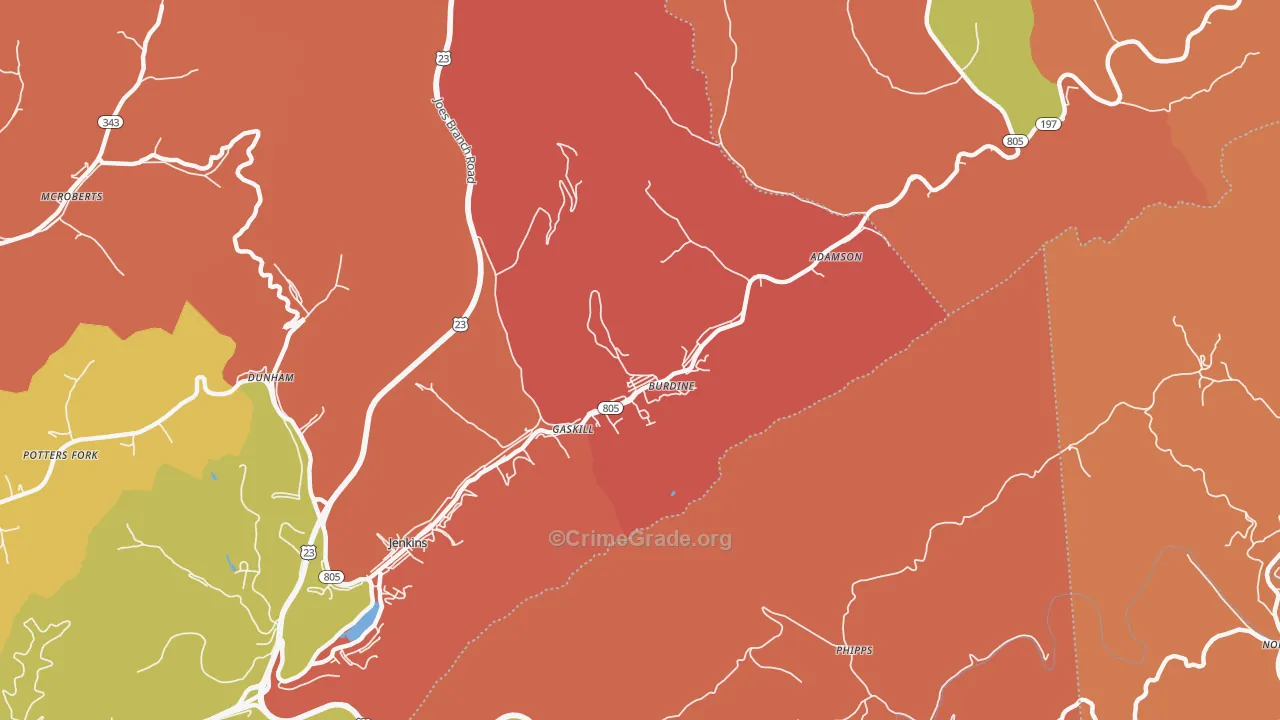 Burdine, KY Map of Robbery Rates