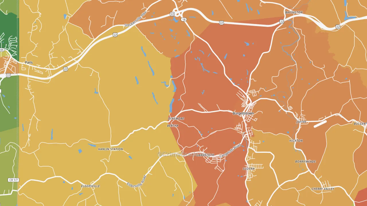 Burgettstown, PA Map of Robbery Rates