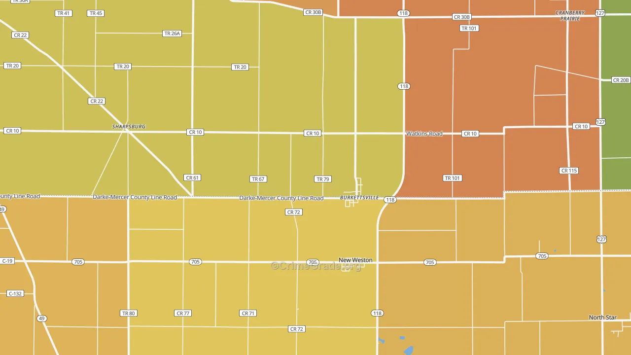 Burkettsville, OH Map of Robbery Rates