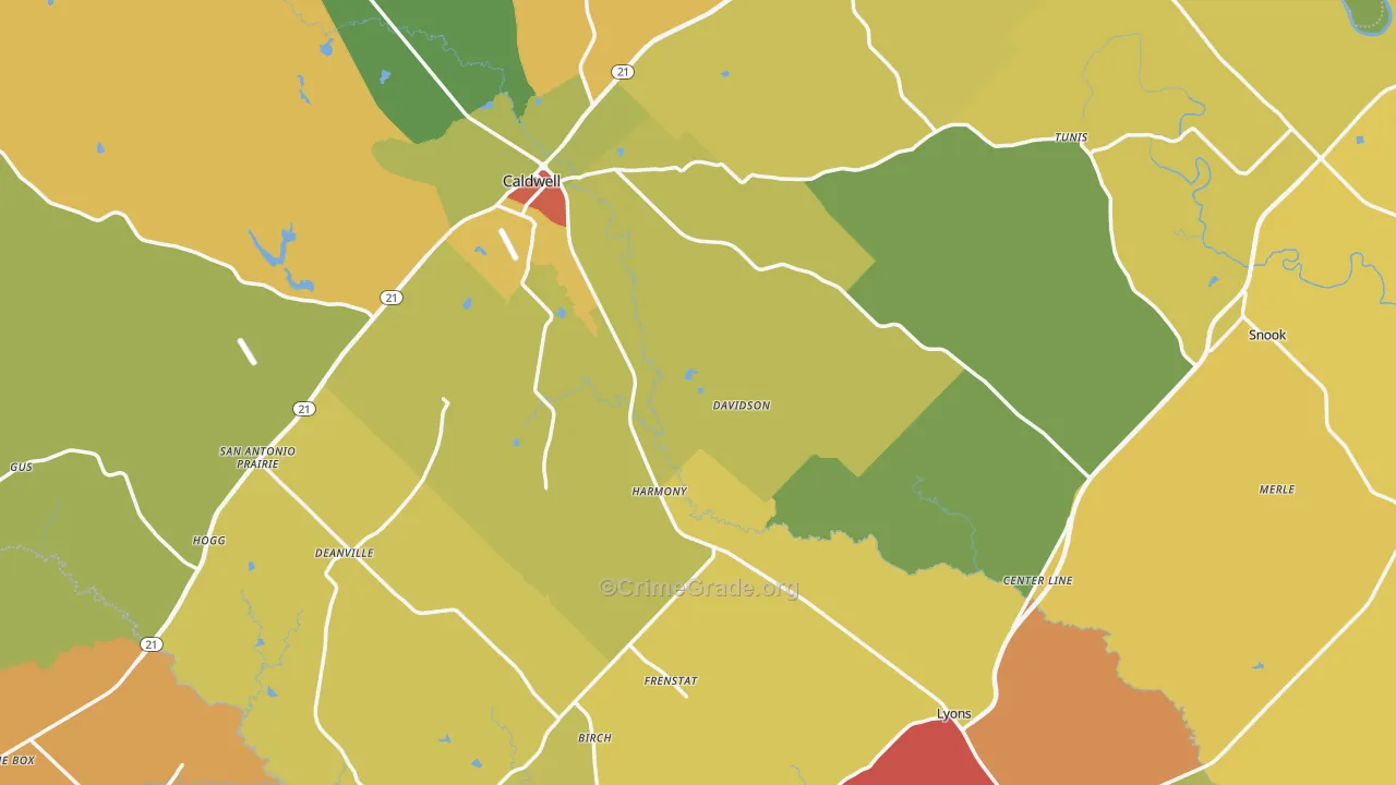 Burleson County, TX Map of Robbery Rates
