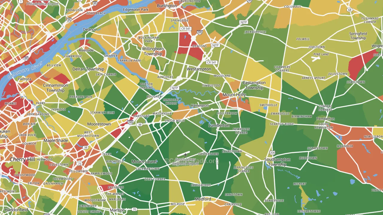 Burlington County, NJ Map of Robbery Rates