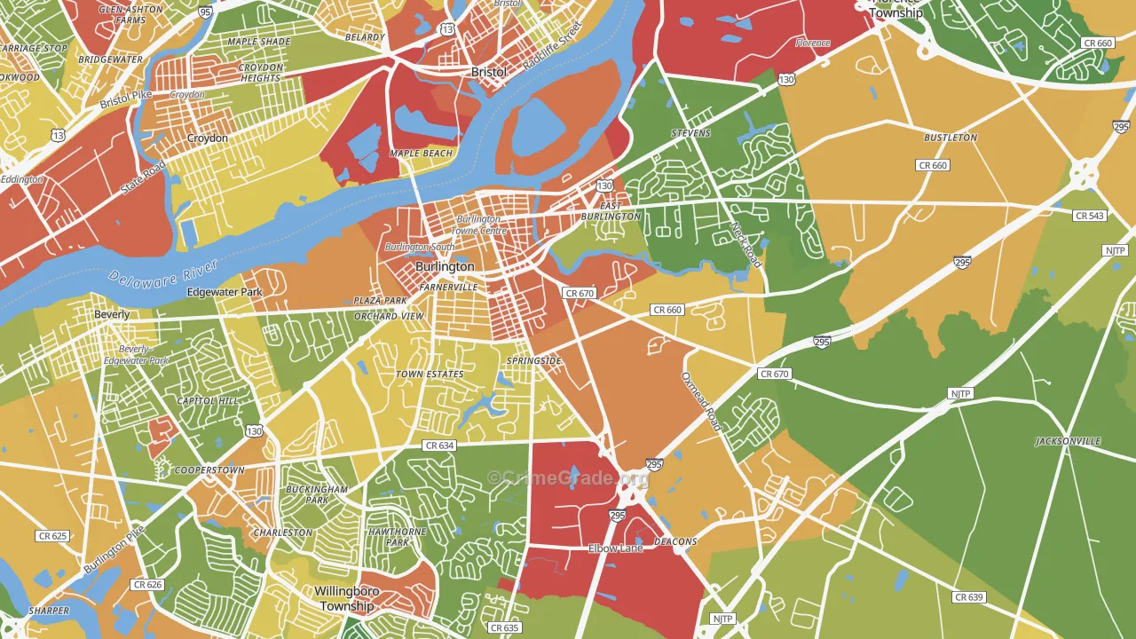 Burlington, NJ Map of Robbery Rates