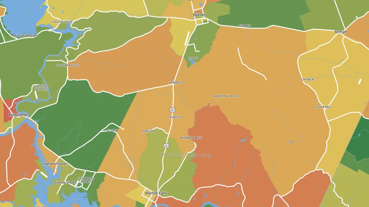 Burnet County, TX Map of Robbery Rates