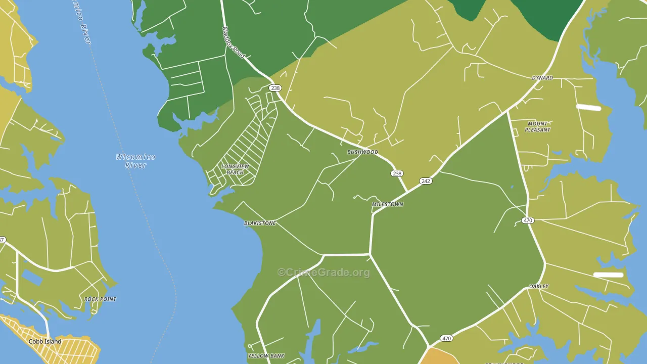 Bushwood, MD Map of Robbery Rates