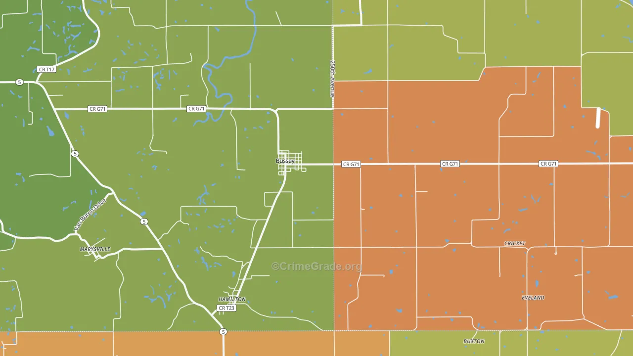 Bussey, IA Map of Robbery Rates