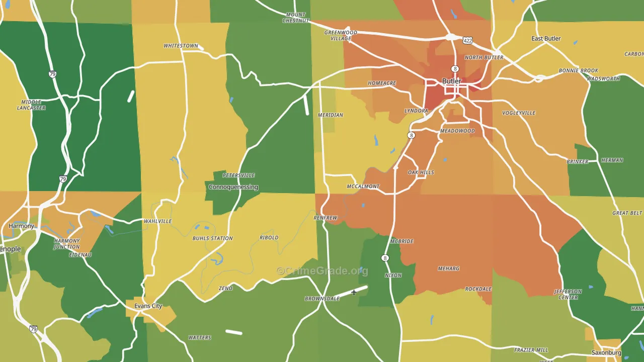 Butler County, PA Map of Robbery Rates