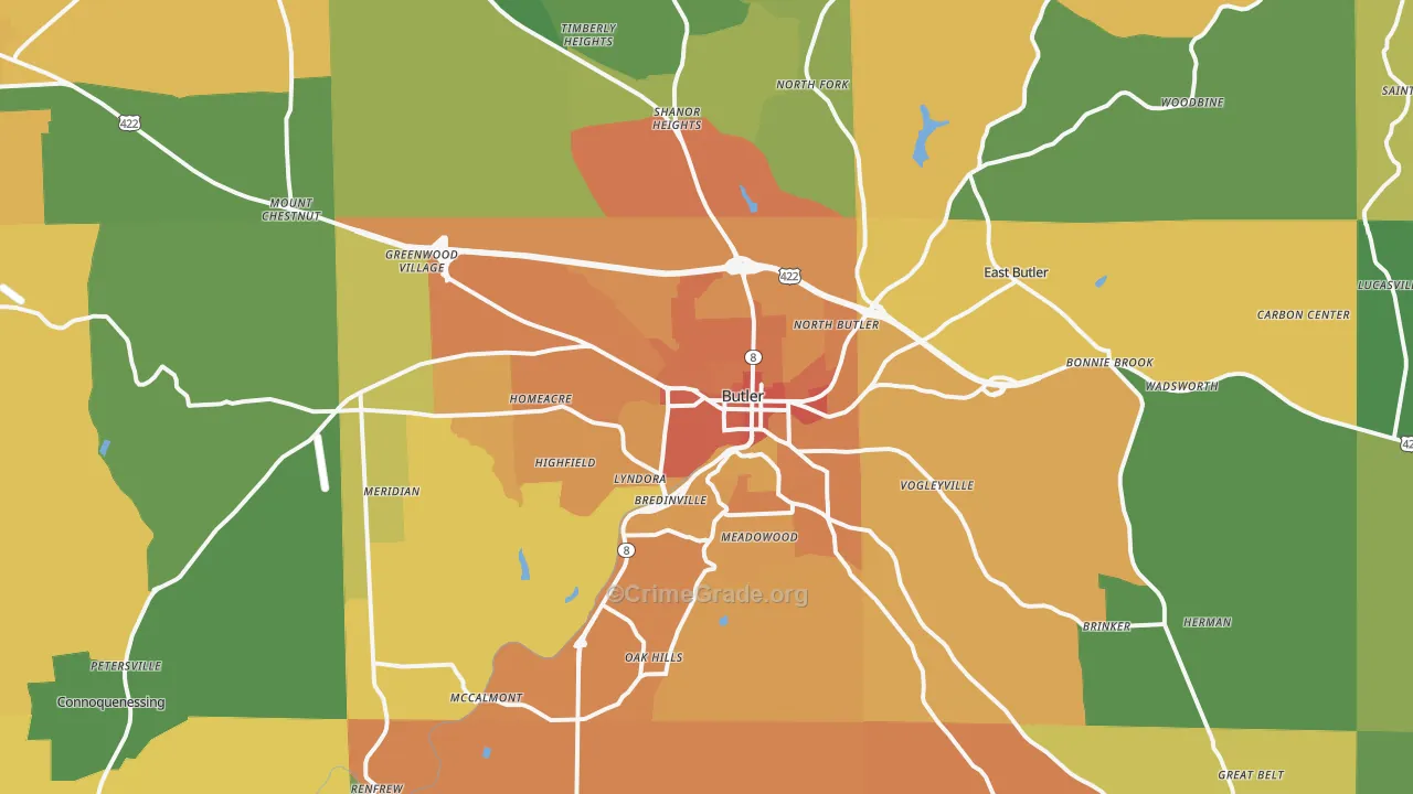 Butler, PA Map of Robbery Rates