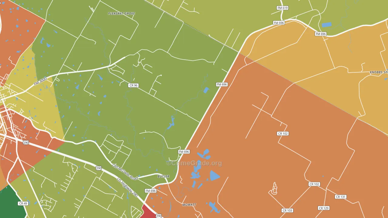 Butler, TX Map of Robbery Rates
