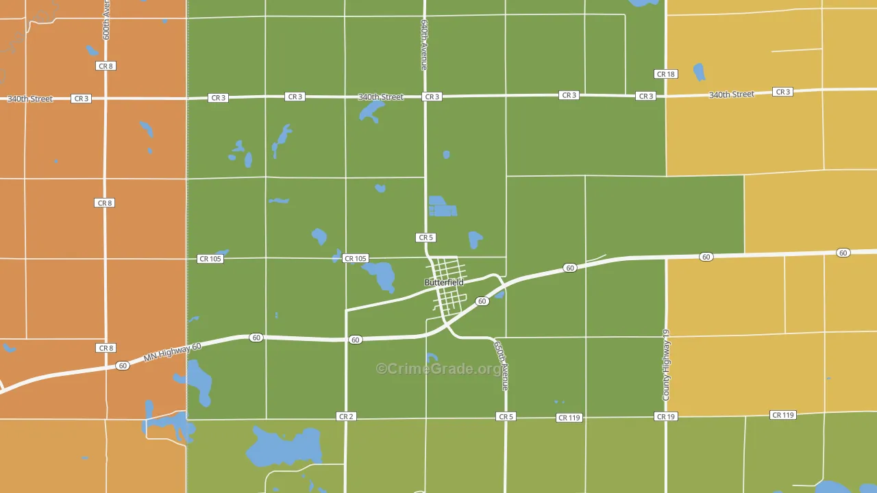 Butterfield, MN Map of Robbery Rates