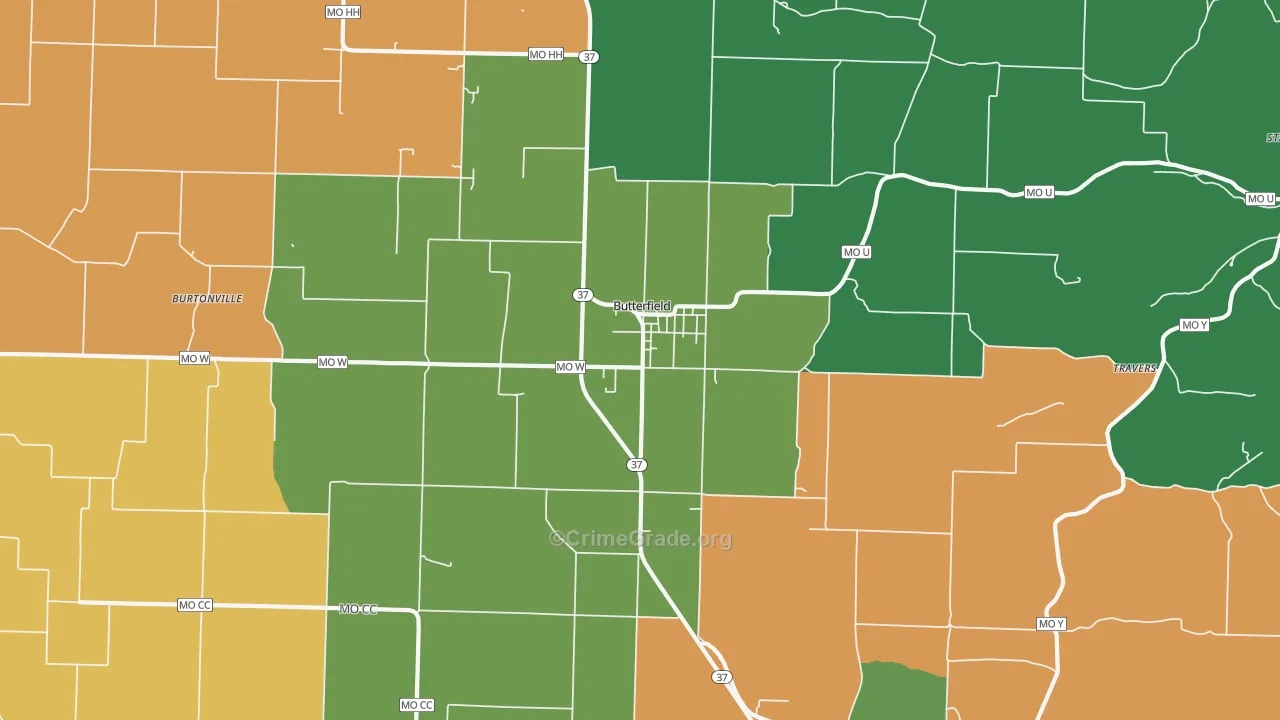 Butterfield, MO Map of Robbery Rates