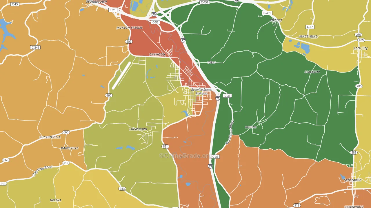 Byesville, OH Map of Robbery Rates