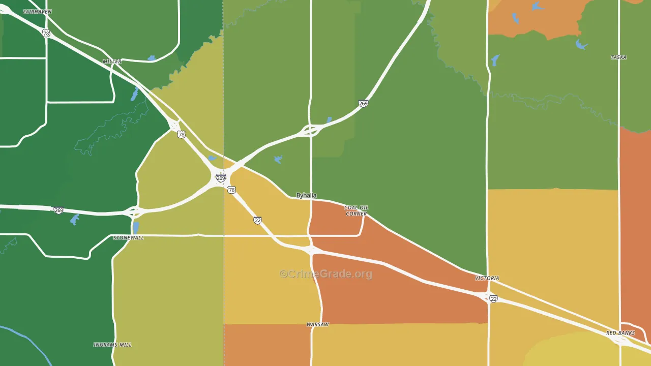Byhalia, MS Map of Robbery Rates