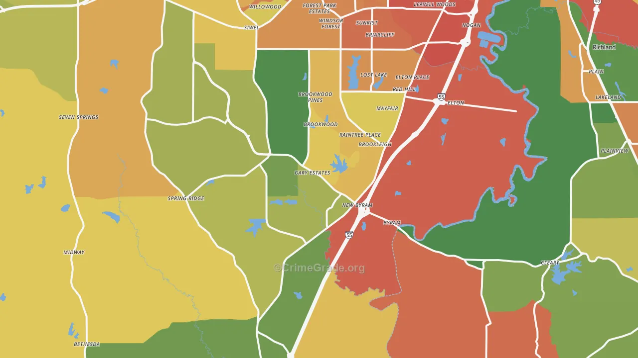 Byram, MS Map of Robbery Rates