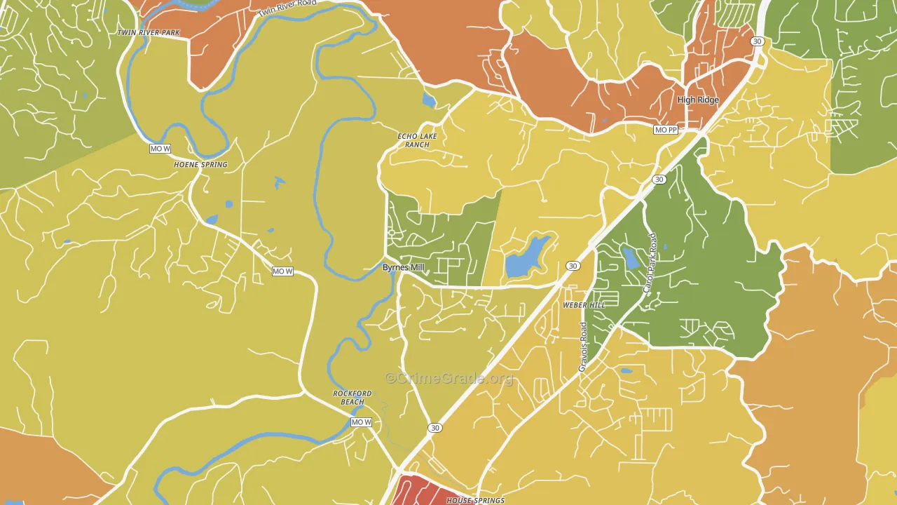 Byrnes Mill, MO Map of Robbery Rates