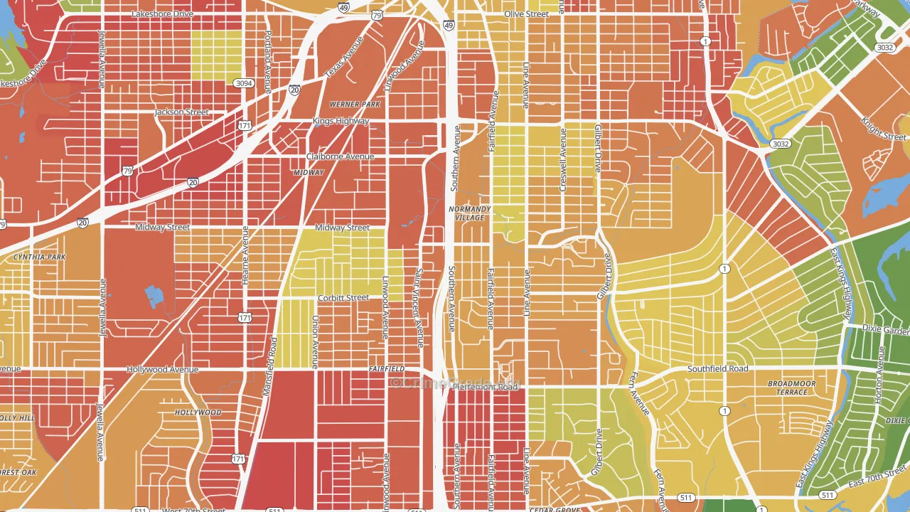 Caddo Heights-South Highlands, Shreveport, LA Map of Robbery Rates