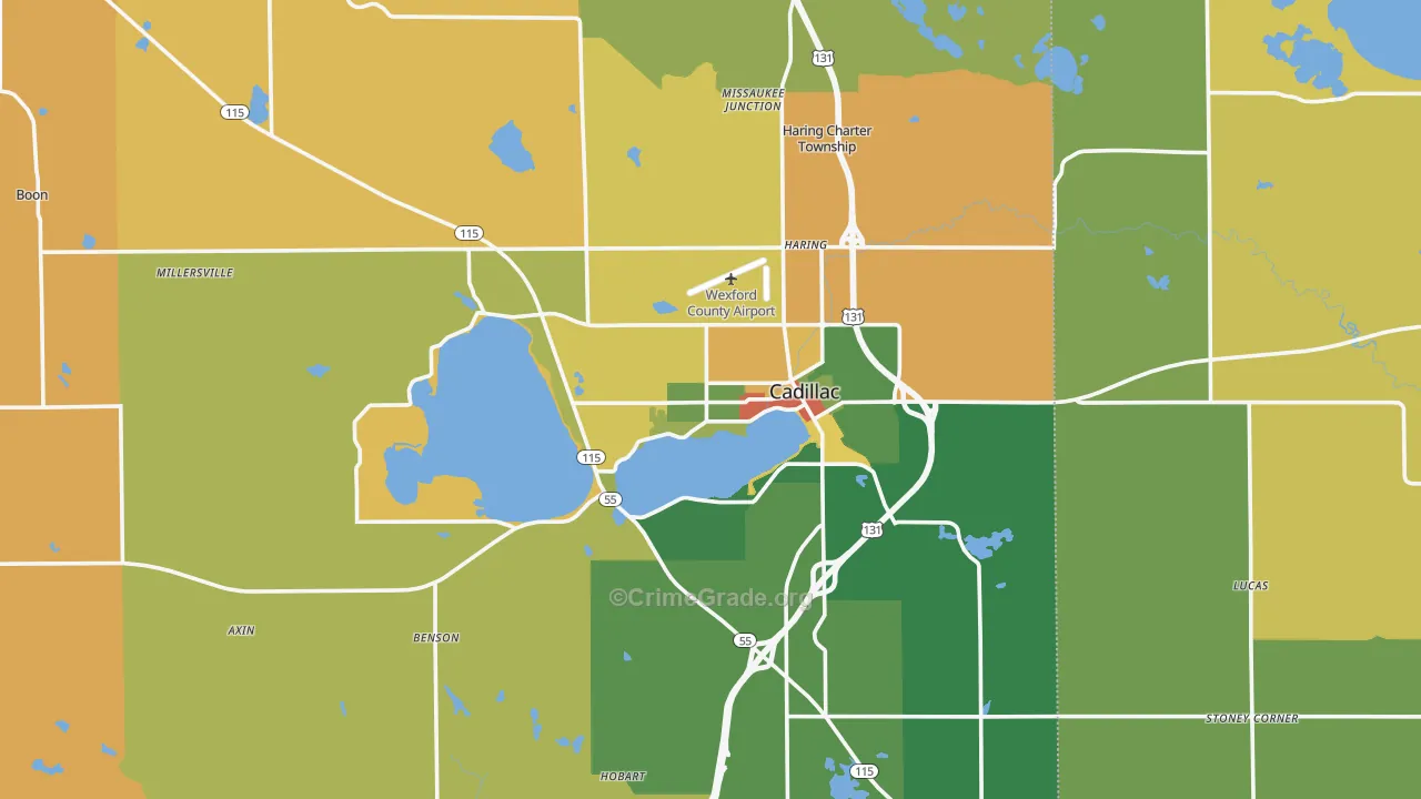 Cadillac, MI Map of Robbery Rates