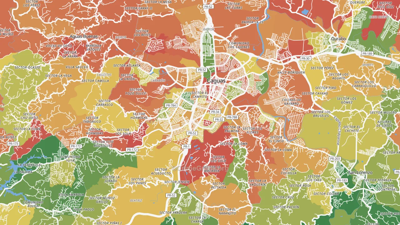 Caguas, PR Map of Robbery Rates