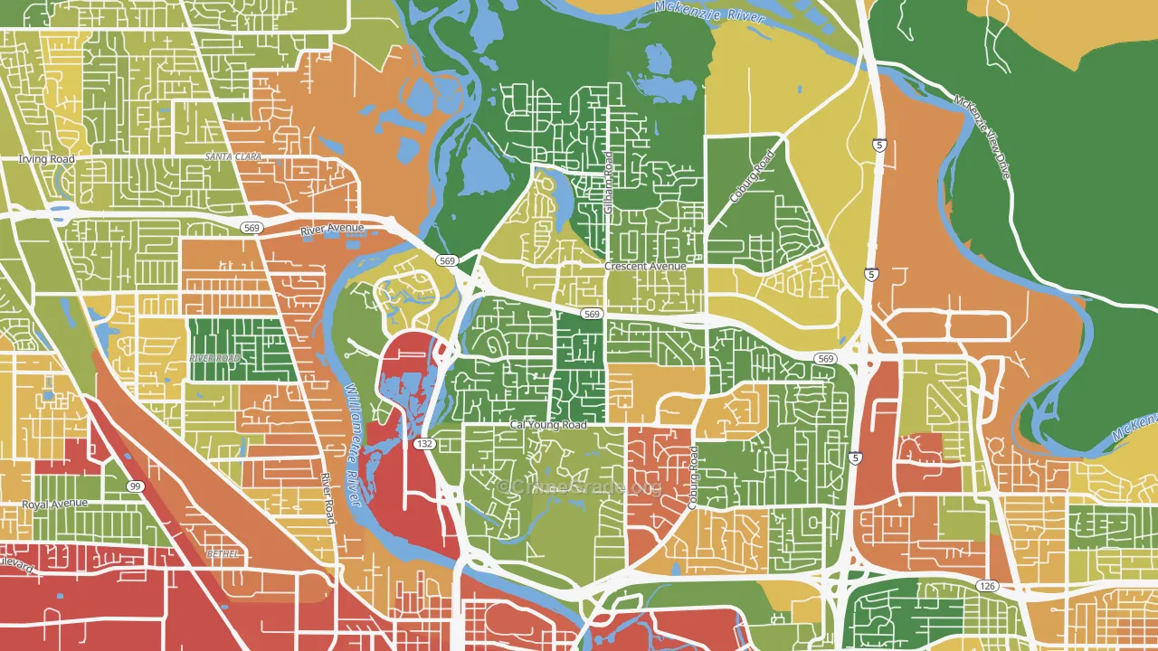 Cal Young, Eugene, OR Map of Robbery Rates