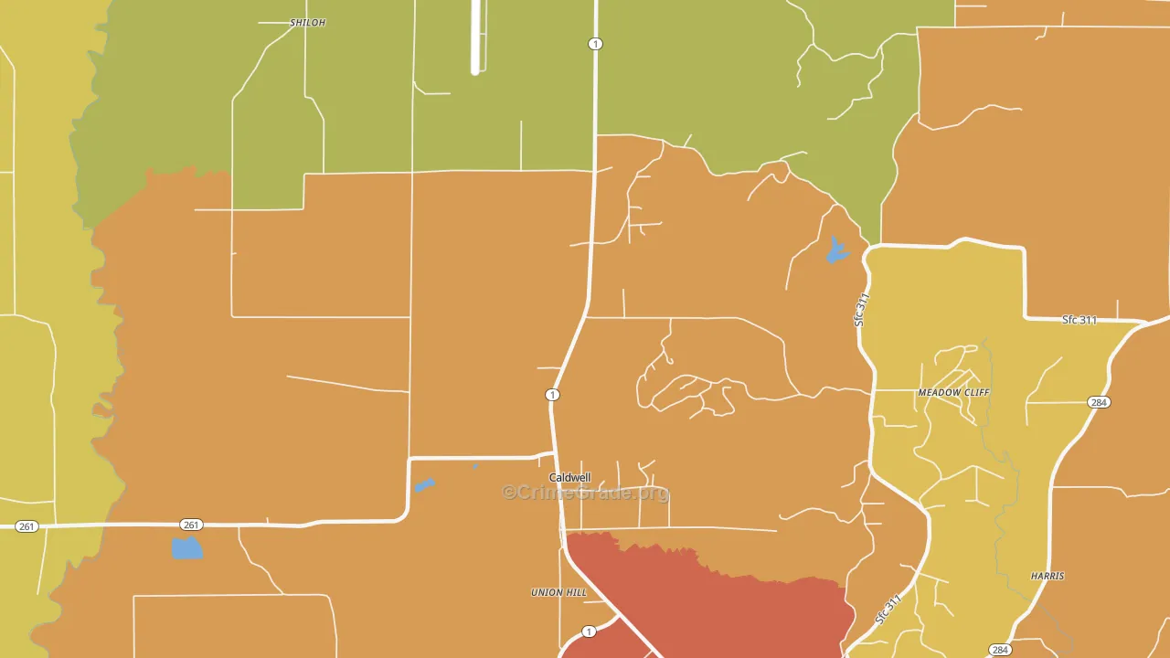 Caldwell, AR Map of Robbery Rates