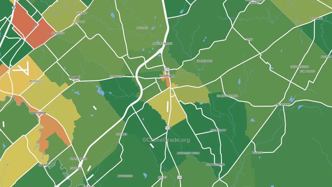 Caldwell County, TX Map of Robbery Rates
