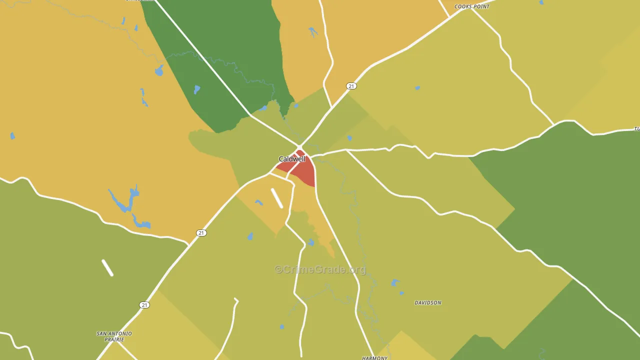 Caldwell, TX Map of Robbery Rates