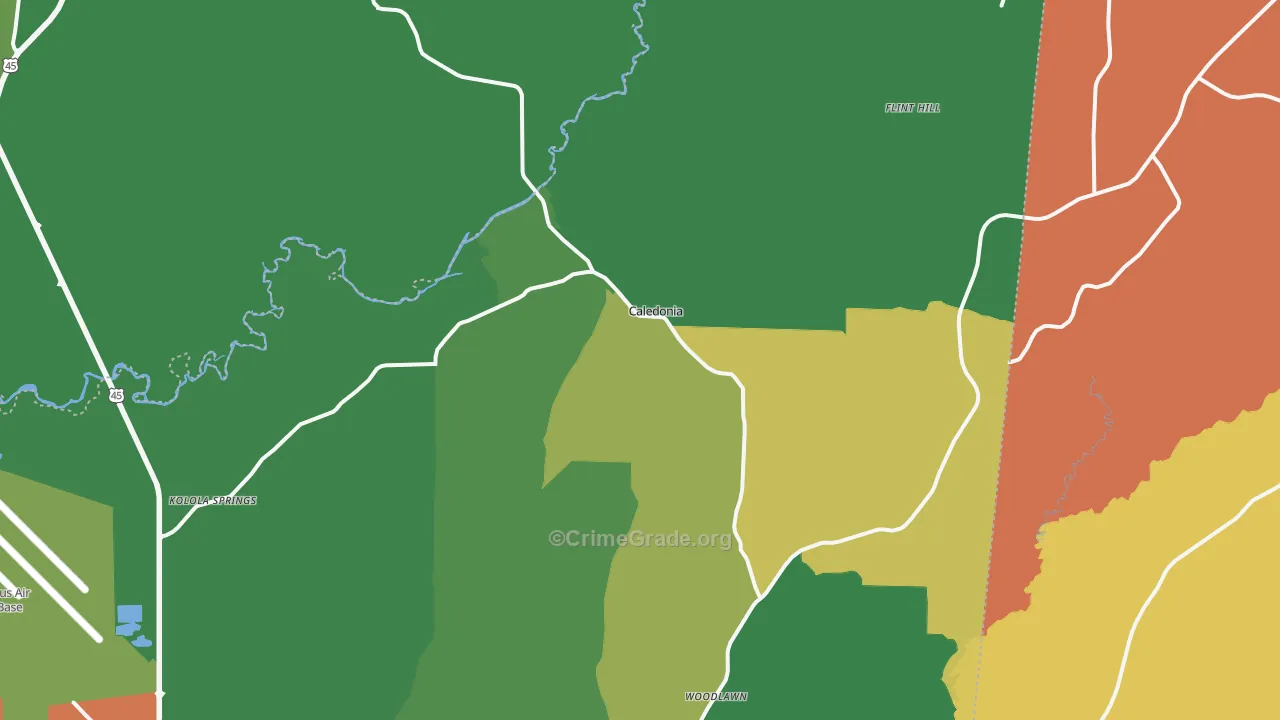 Caledonia, MS Map of Robbery Rates