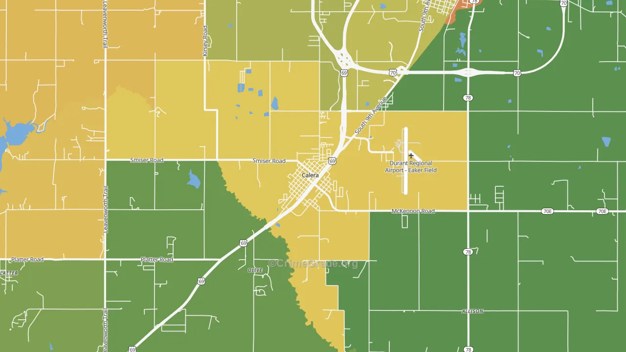 Calera, OK Map of Robbery Rates