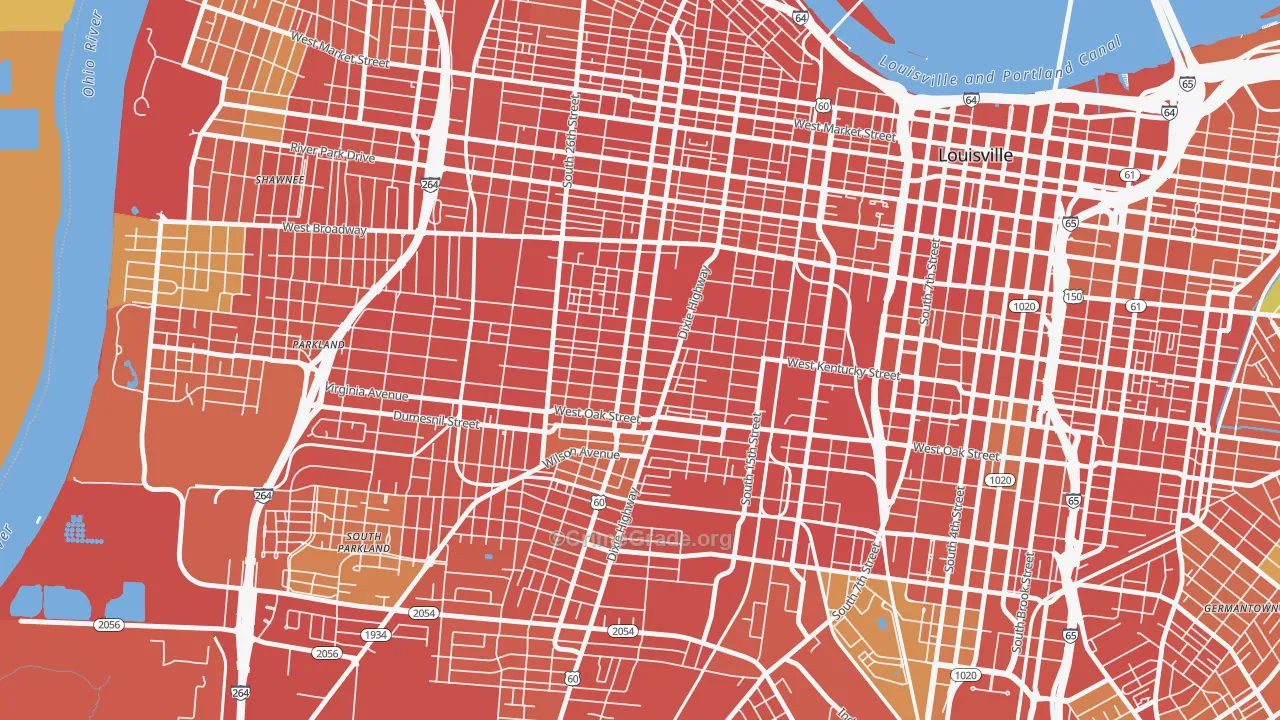 California, Louisville, KY Map of Robbery Rates