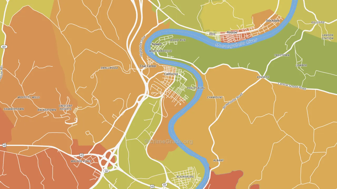 California, PA Map of Robbery Rates
