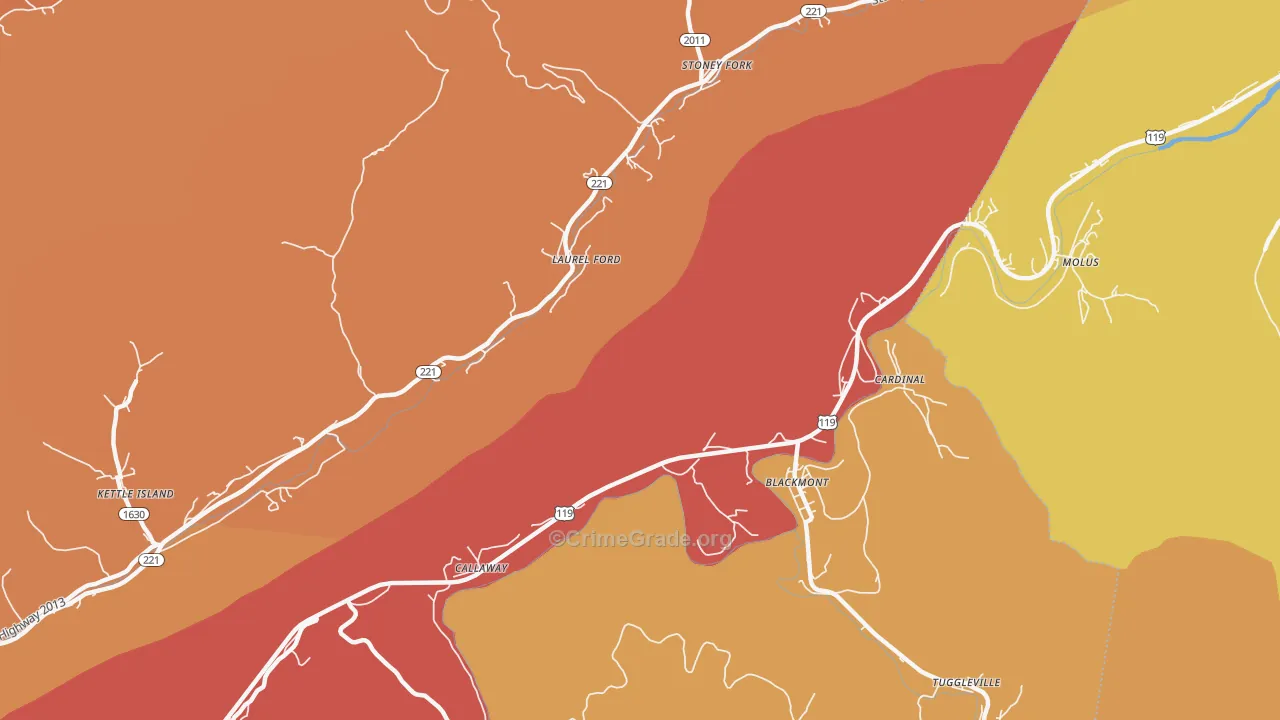Callaway, KY Map of Robbery Rates