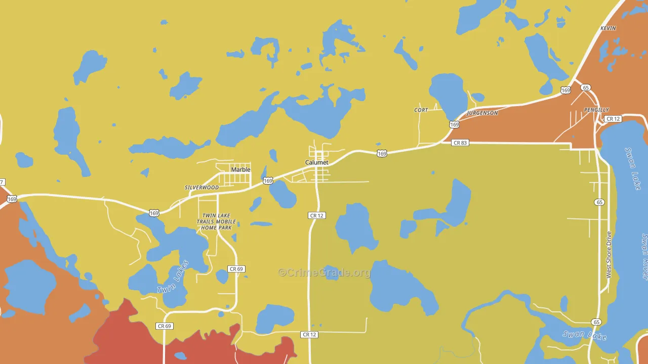 Calumet, MN Map of Robbery Rates