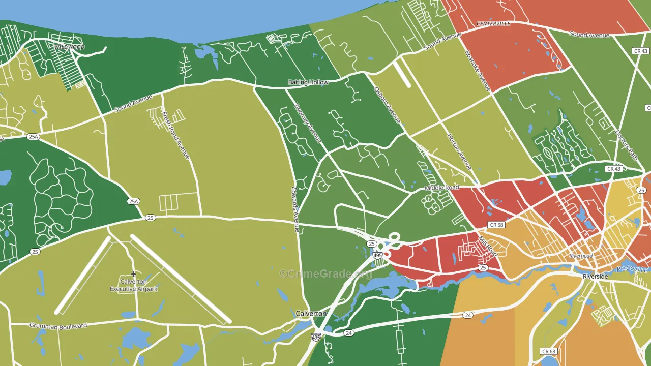 Calverton, NY Map of Robbery Rates