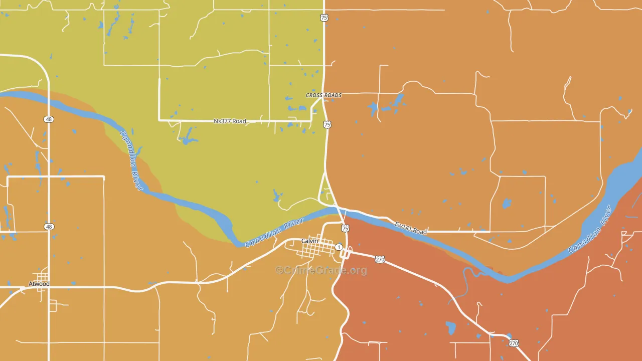 Calvin, OK Map of Robbery Rates