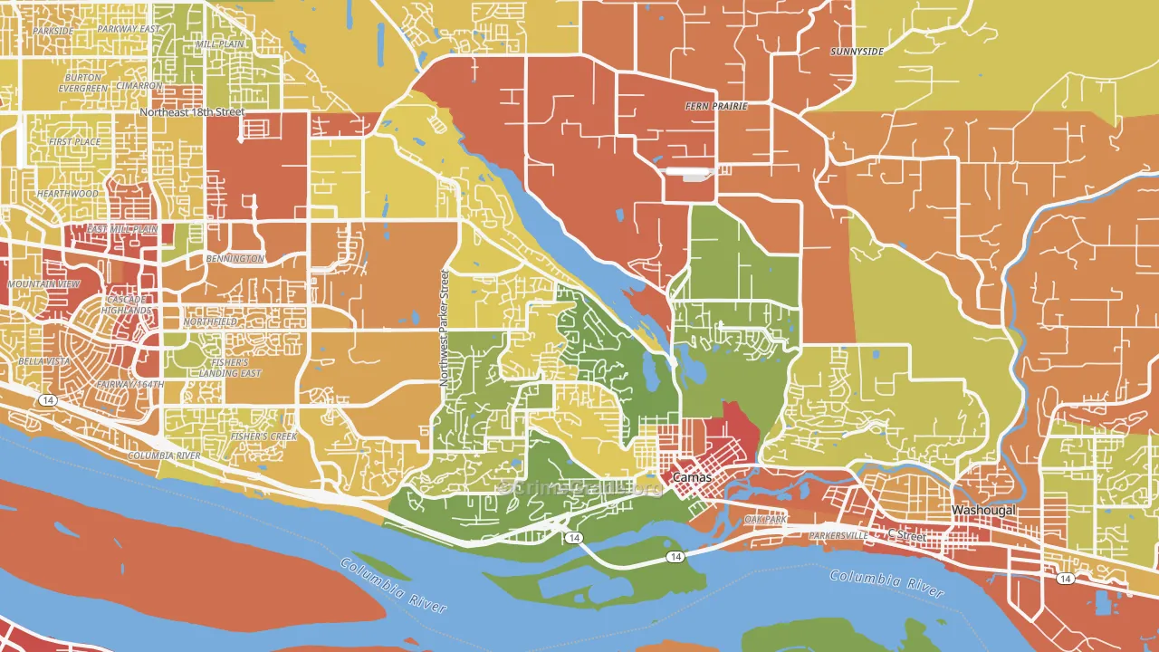 Camas, WA Map of Robbery Rates
