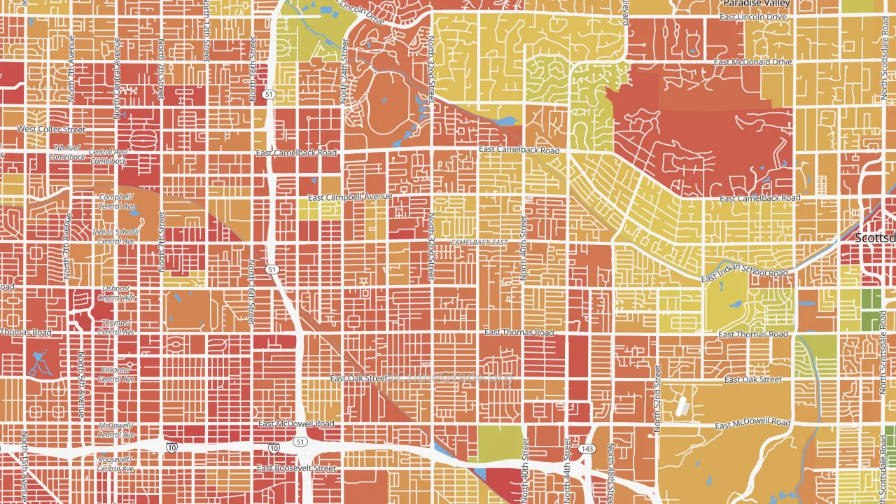 Camelback East, Phoenix, AZ Map of Robbery Rates