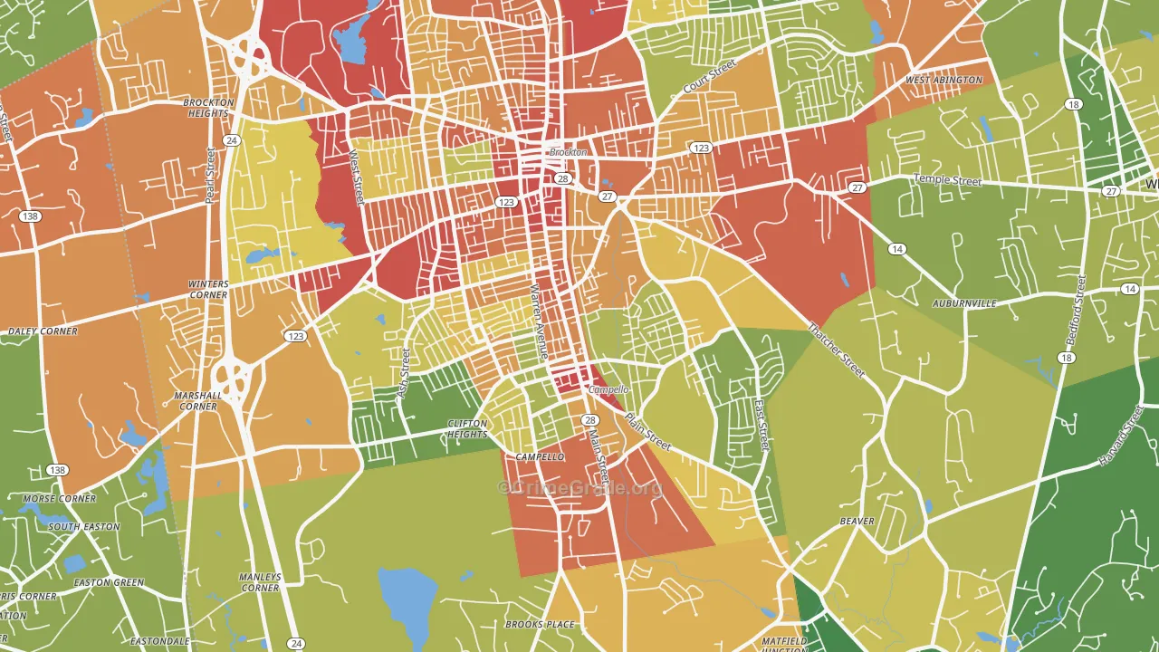Campello, Brockton, MA Map of Robbery Rates
