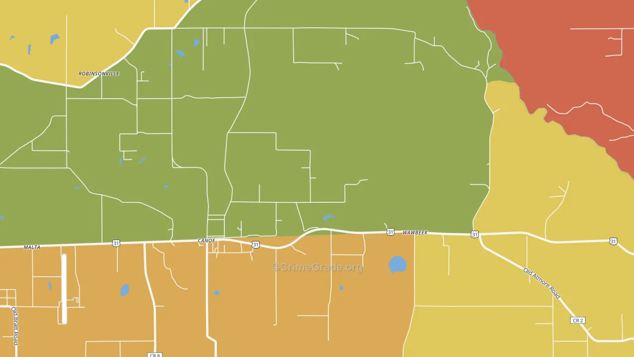 Canoe, AL Map of Robbery Rates