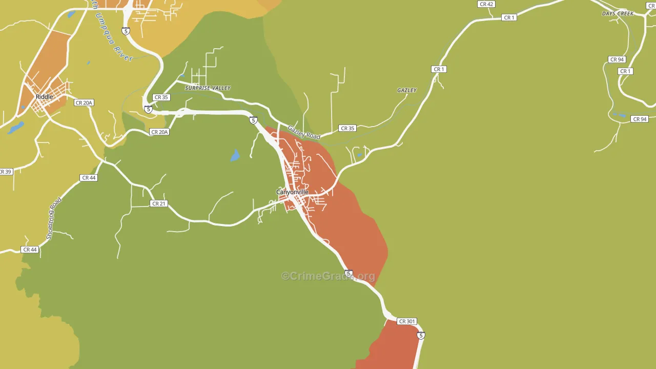 Canyonville, OR Map of Robbery Rates