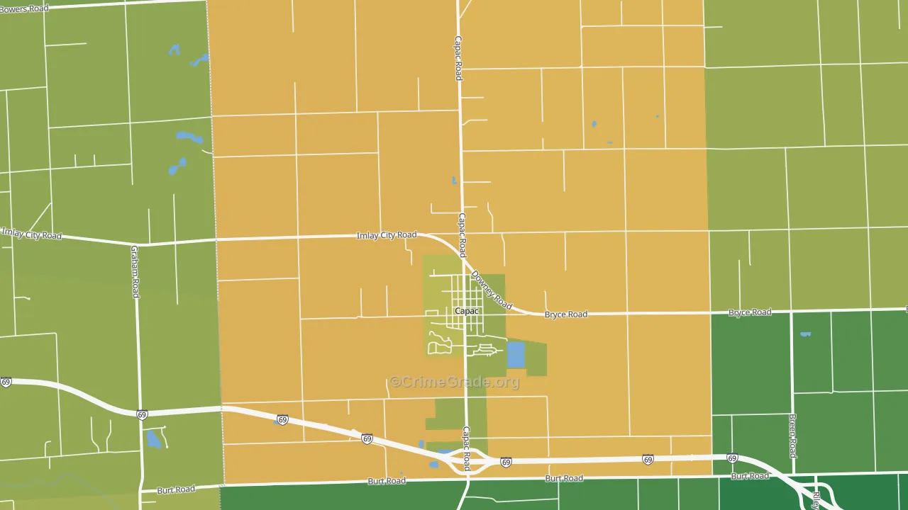 Capac, MI Map of Robbery Rates