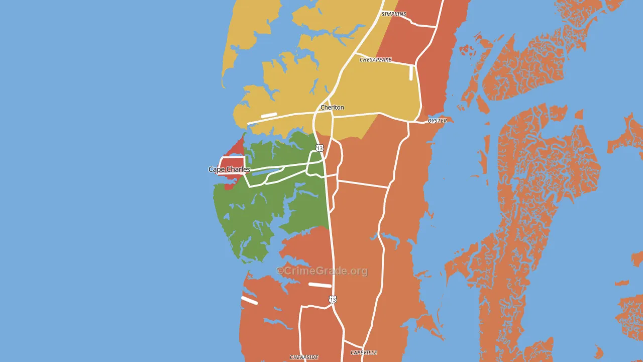 Cape Charles, VA Map of Robbery Rates