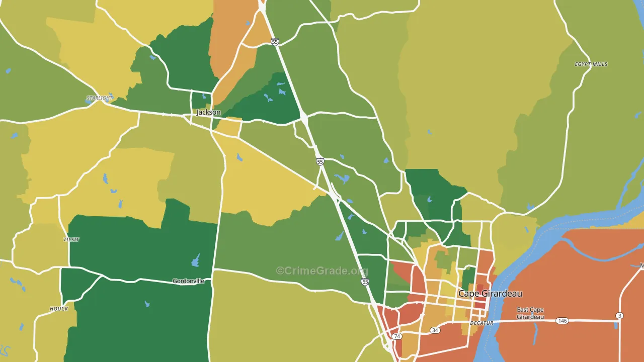 Cape Girardeau County, MO Map of Robbery Rates